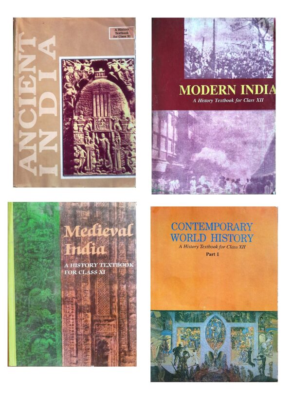 Ancient India by Ram Sharan Sharma , Modern India HISTORY by Vipin Chandra, Medieval India Old NCERT TEXTBOOK HISTORY By Satish Chandra and Contemporary World HISTORY for Class XII - Part 1( Set Of 4 Books)