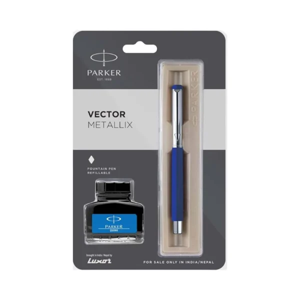 PARKER, Fountain Pen - VECTOR Metallix | Chrome Trim | With Ink Bottle | Fine.